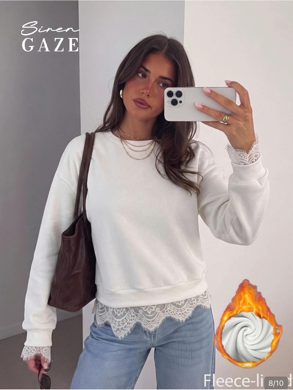 Lace-Trim Fleece-Lined Sweatshirt in White Like New